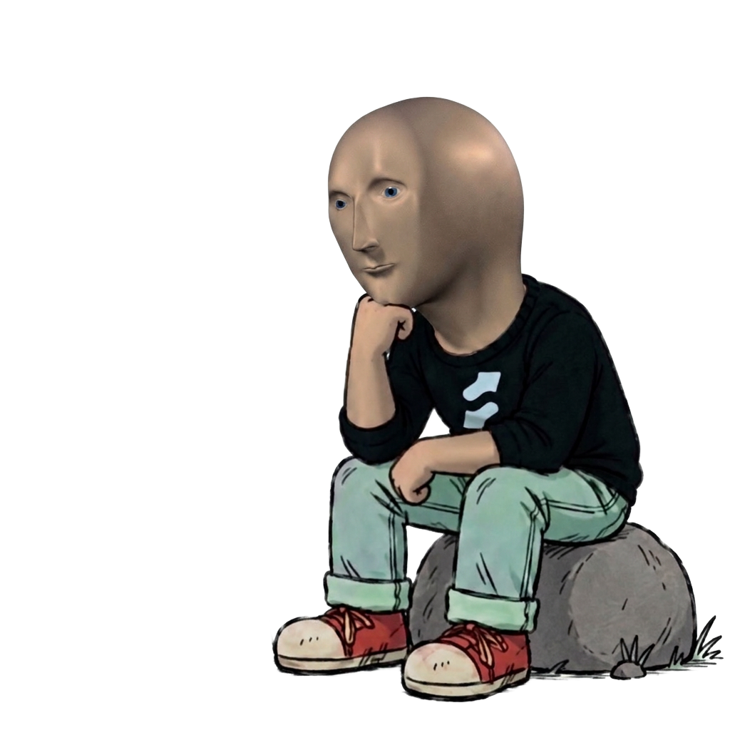 Stonk Guy sitting on a rock, thinking
